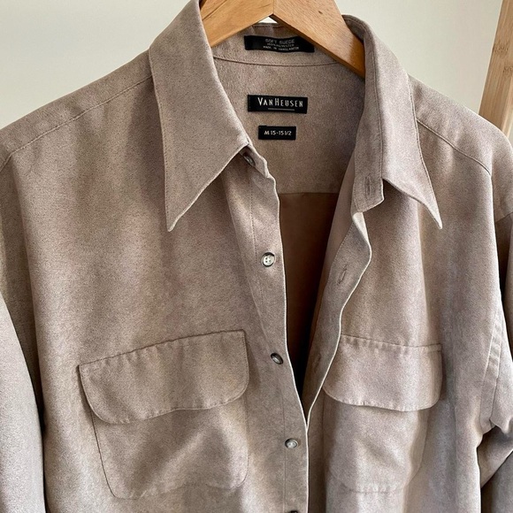 Vintage Faux Suede Button Up Collared Shirt Jacket in Sand - Picture 3 of 4